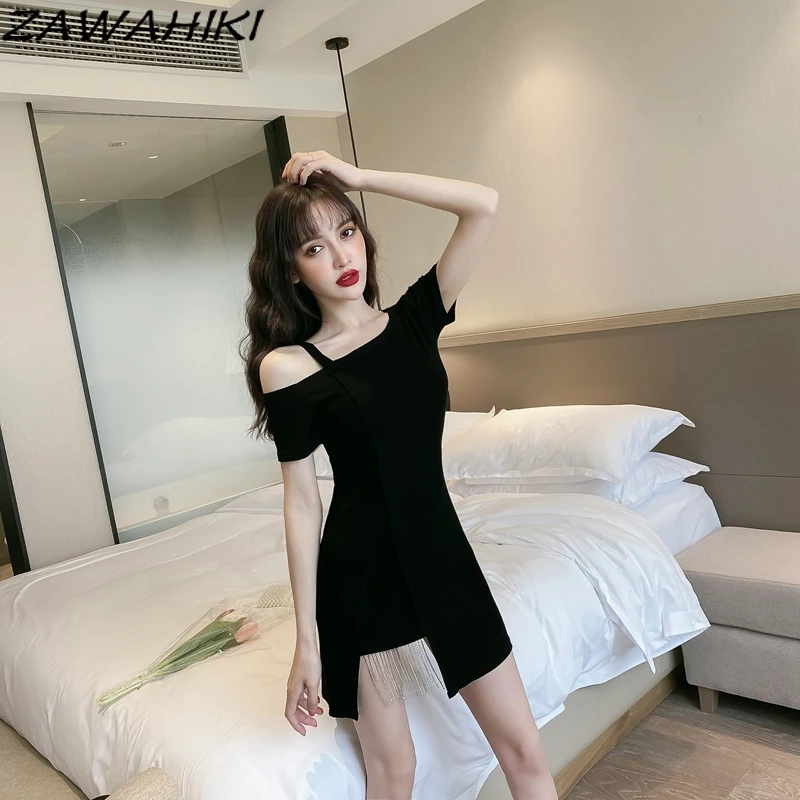

ZAWAHIKI Short Sleeve Slash Neck Summer Fashion Women Dresses Elegant Fashion Black Mini Dress Gothic High Waist New Femme Robe