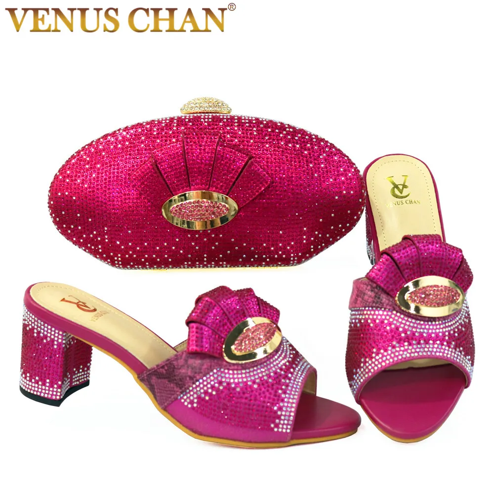 

Nigerian Woman Sandals Shoes With Purse Set Italian Mature High Heels Shoes And Bag Set Pink High Quality For Wedding Party