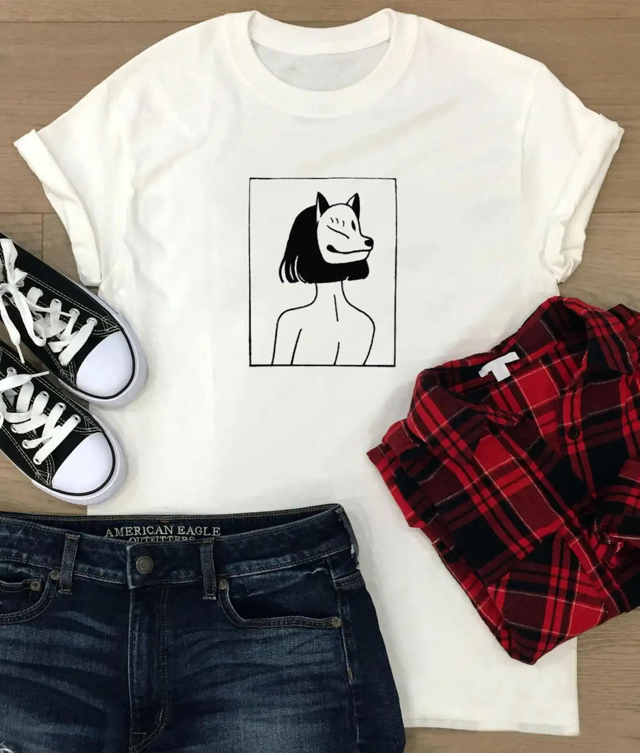 Футболка kawaii Fox girl 100% хлопок забавная унисекс уличный стиль графика harajuku гранж