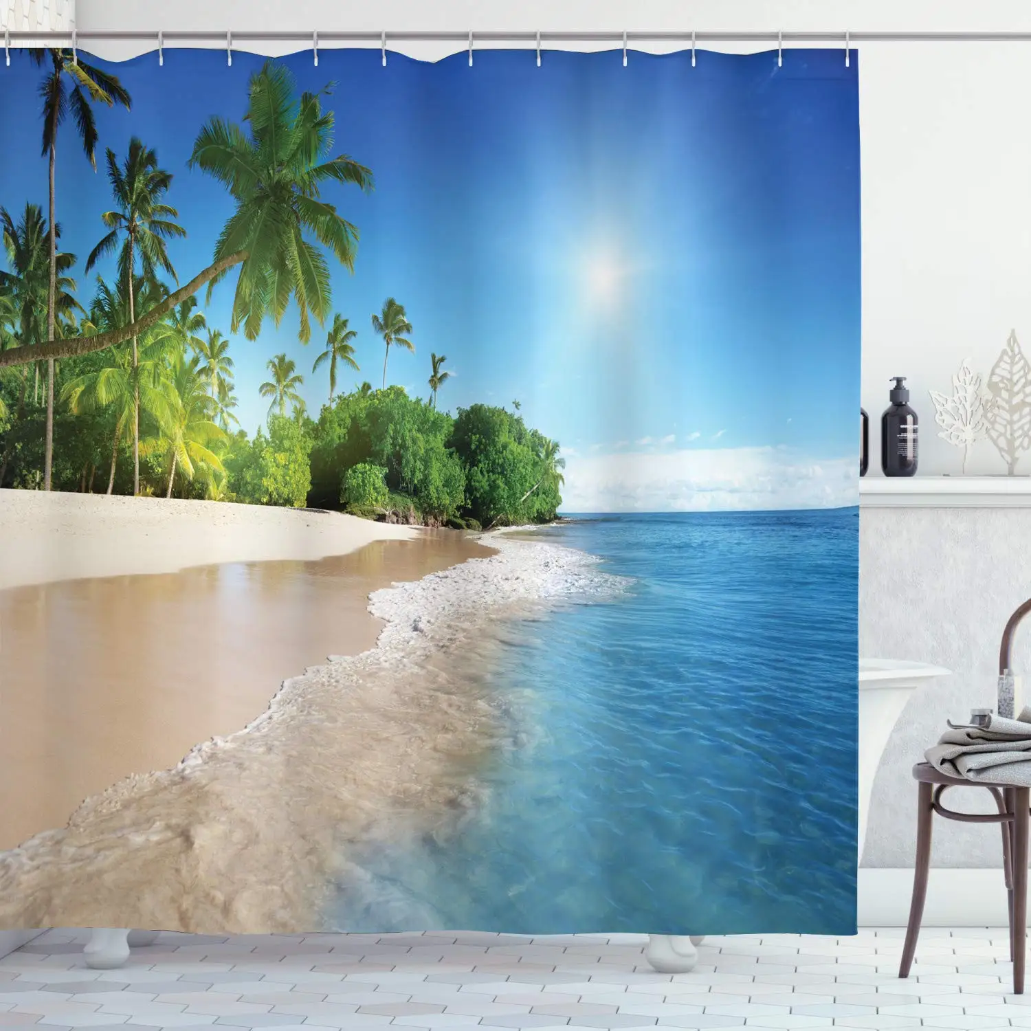 

Blue Shower Curtain Ocean Tropical Palm Trees on Sunny Island Beach Scene Panoramic View Picture Bathroom Decor Set