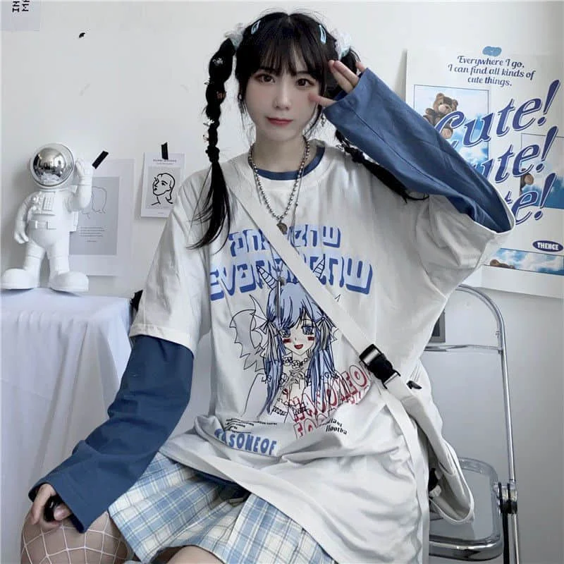 

tshirt women t shirt ins Harajuku style Japanese two-dimensional animation loose fake two-piece long-sleeved T-shirt female