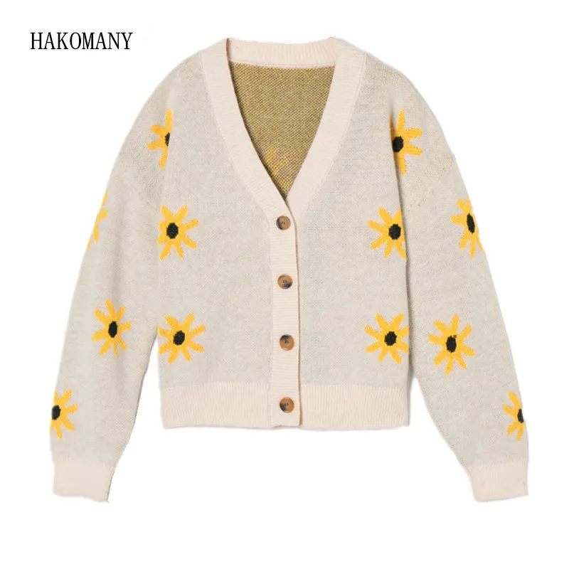 

2021 Vintage Woman V neck Long Sleeve Sweater Loose Knitwear Jumper Kawaii Retro Knitted Beige Flower Cardigan