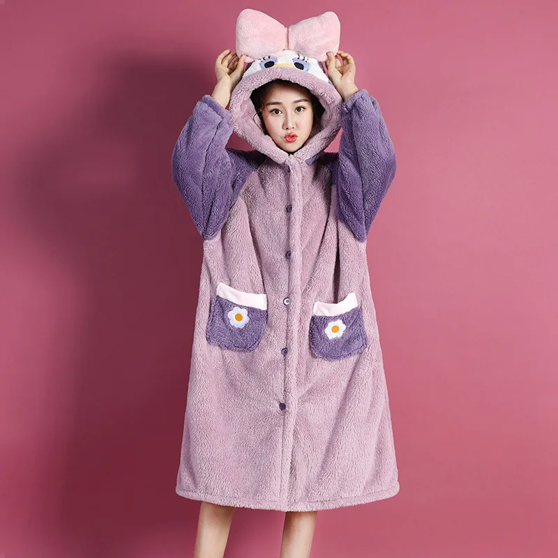 

Creation 101 winter coral velvet lovely couple Nightgown long cute cartoon winter hooded warm home clothes