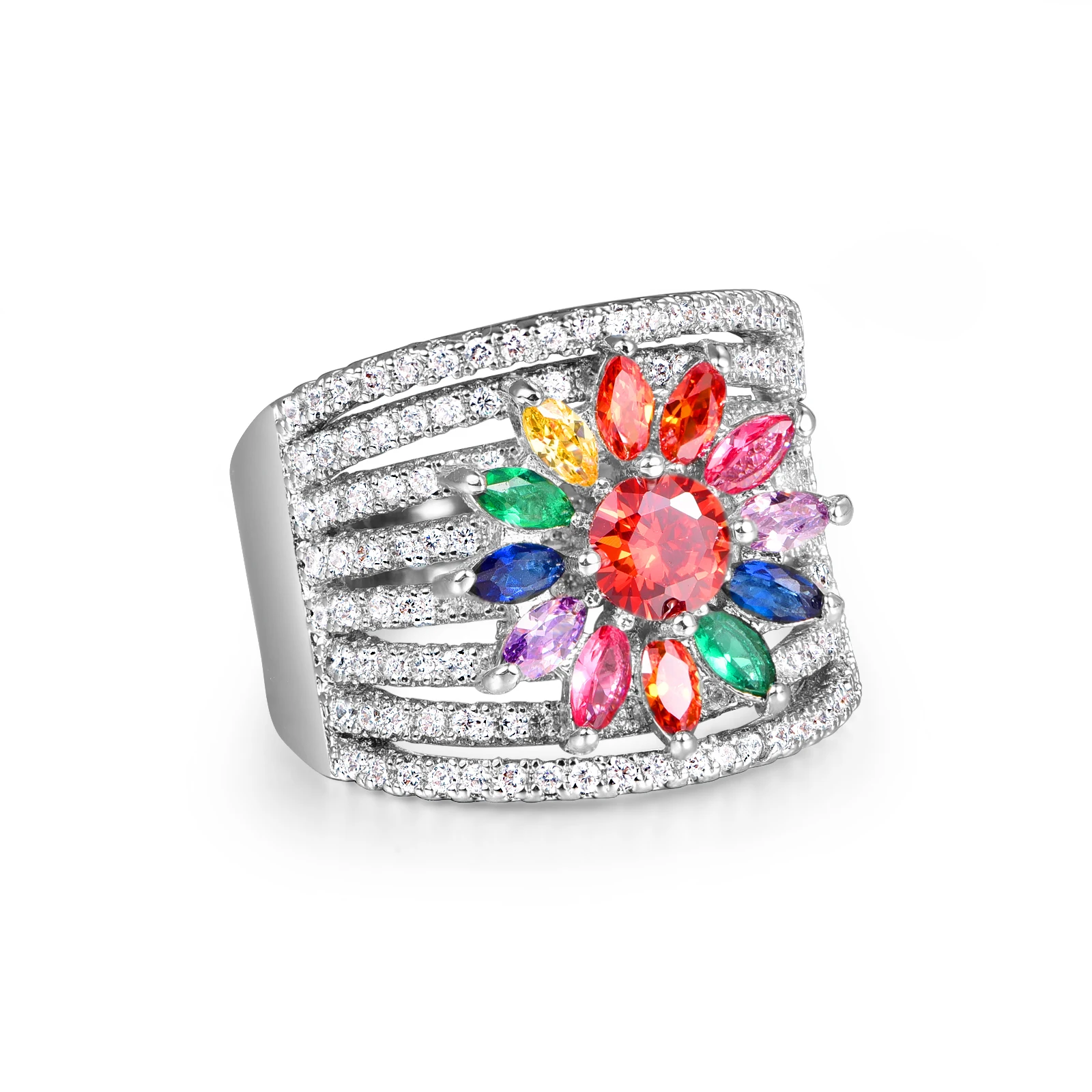 

LUALA Luxury Ice Flower Rings For Women New Colorful AAA Zircon Gold Silver Color Anniversary Gift Jewelry Engagement Band Ring