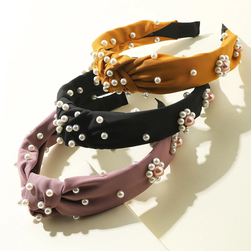 

3Pcs/lot Fashion Wild Handmade Pearl Flower Women Hair Accessories Solid Hairband Bow Knot Girl Headband Colorful Pearl Headband
