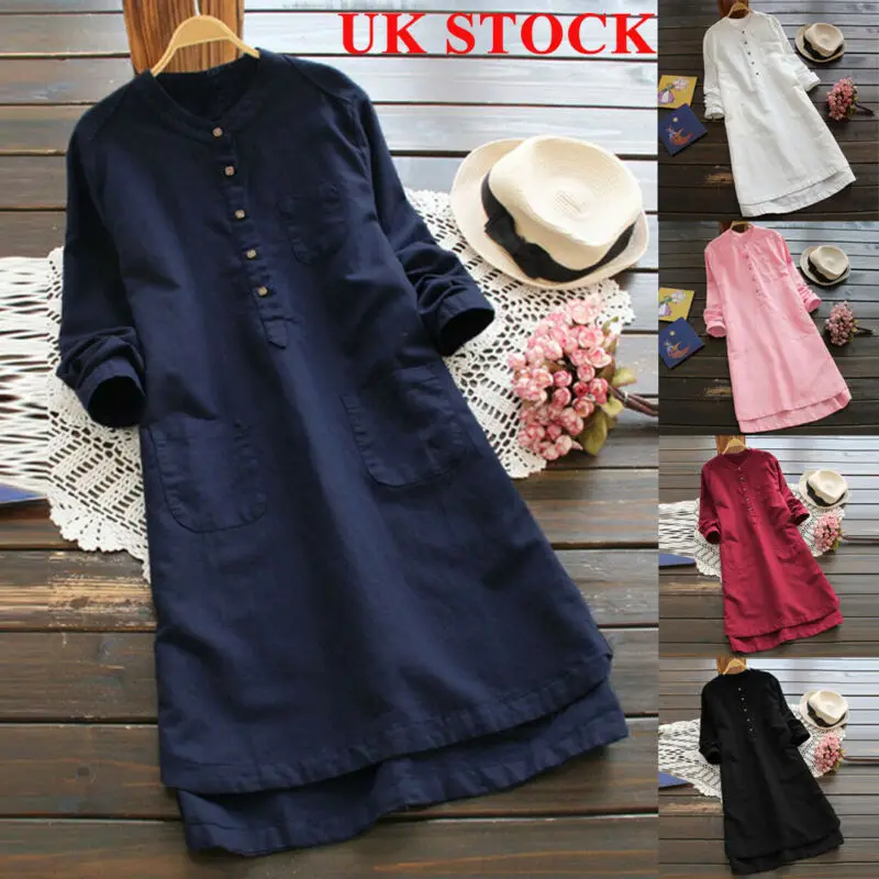 Платье-рубашка Hirigin женское с длинным рукавом Повседневная Туника из хлопка и
