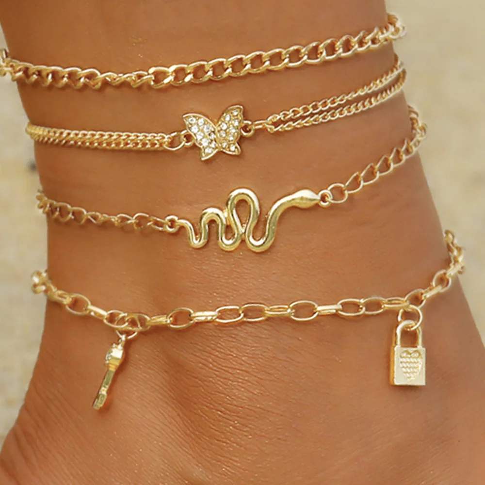 

Fashion Boho Butterfly Lock Pendant Link Chain Anklet Woman Fashion Snake Anklets for Women Key Ankle Bracelets Leg Beach