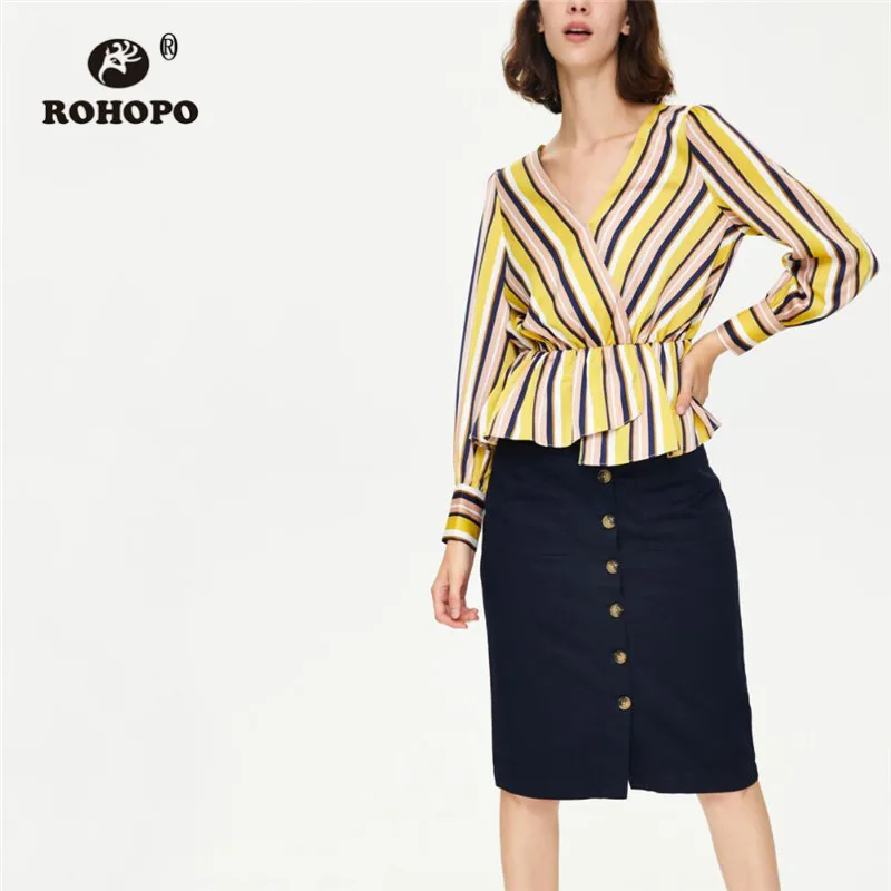 ROHOPO Lantern Long Sleeve Wrap V Collar Striped Tops Blouse Ruffled Hem Ladies Autumn Tunic Elegant Pullover Blusa Shirt #9007 |