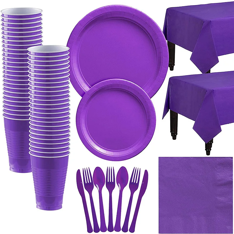 

Праздничные принадлежности фиолетового цвета, набор одноразовой посуды, чашки, тарелки, салфетки, детский Декор для дня рождения вечерние в...