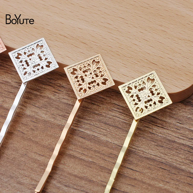 

BoYuTe (50 Pieces/Lot) 15MM Square Filigree Welding 55*2MM Hairpin Vintage Handmade Diy Hair Accessories