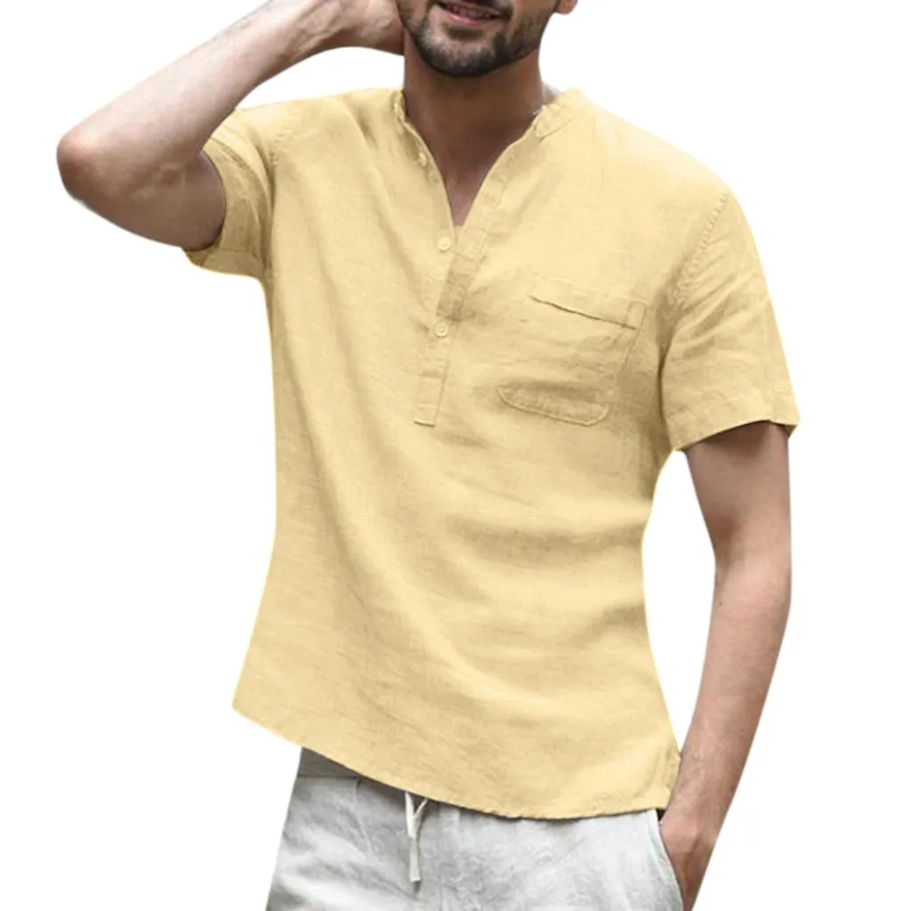 

Linen Shirts Baggy T Retro Men's Short Tops Blouse Cotton Soid Color Sleeve Men's blouse Summer Mens Blouse