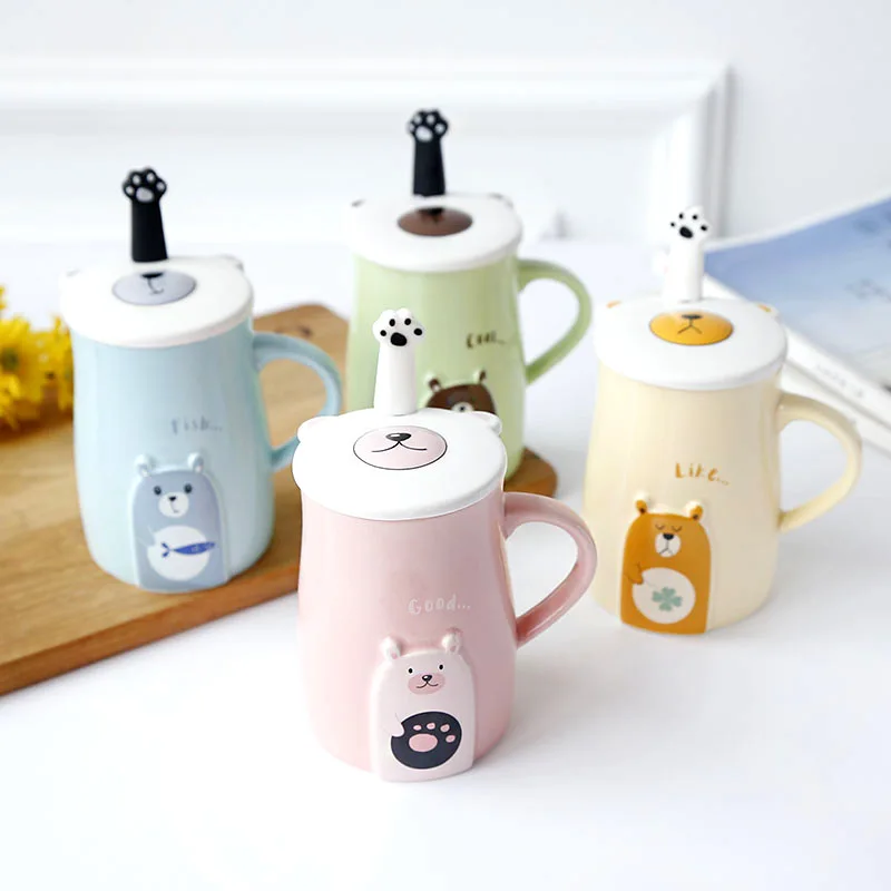 

Creative Cute Bear Ceramic Mug with Lid with Stainless Steel Spoon Coffee Cup Milk Couple's Cups Office Cartoon Drinking Cup