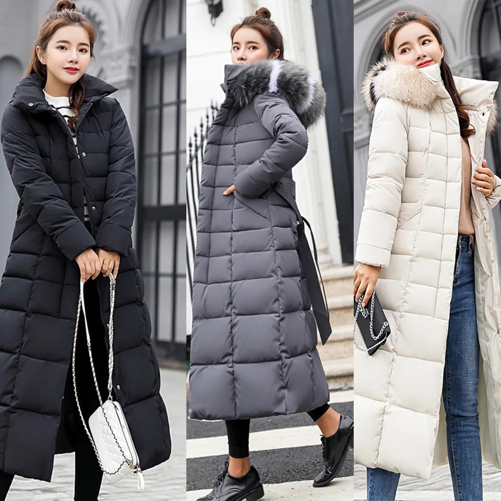 

Winter Women Down Cotton Coat Parkas Female Casual Long Warm Hooded Thick Fur Collar Jacket Overcoat Slim Windbreaker With Belt