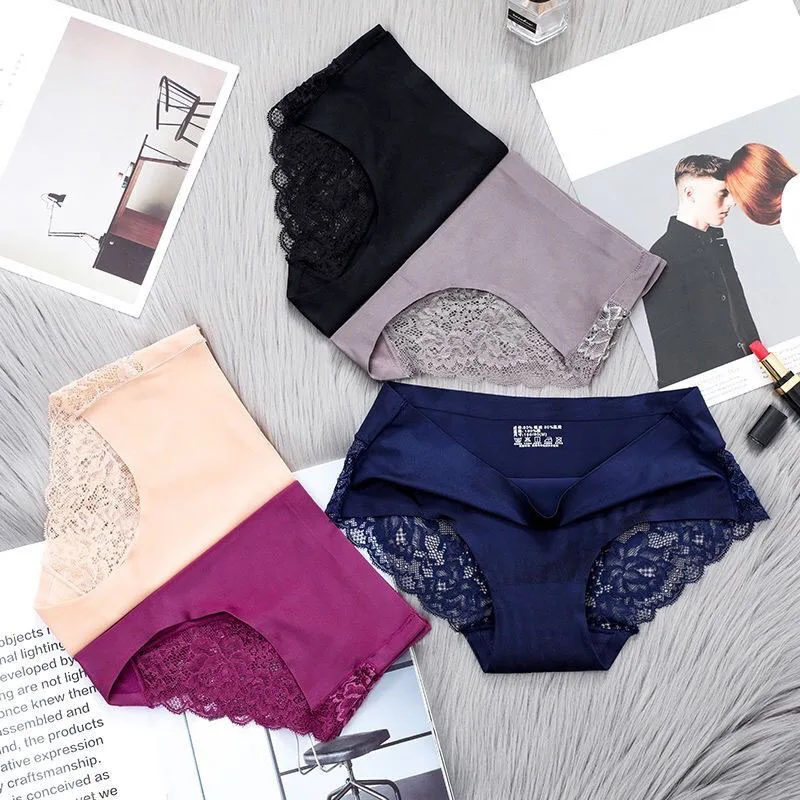 

Seamless Sexy Women Briefs Pearlescent Cloth Lace Design Comfortable Ladies Underwear Breathable Soft Black Elegant Girl Panties