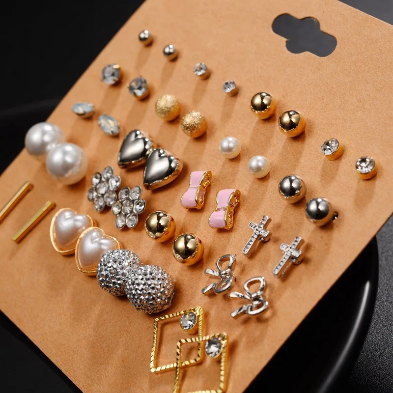 

20 Pairs /set Women Trendy Wild Vintage Rhinestone Flower Geometric Pearl Exaggerated Wild Combination Earrings