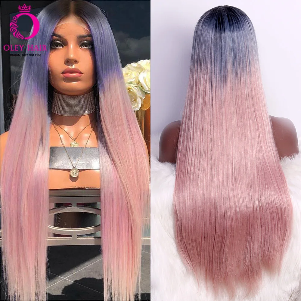 OLEY Straight Synthetic Lace Front Wig Black Roots Pink Wig Heat Resistant 20-24 Inch Ombre Blue Cosplay Wigs For Black Women