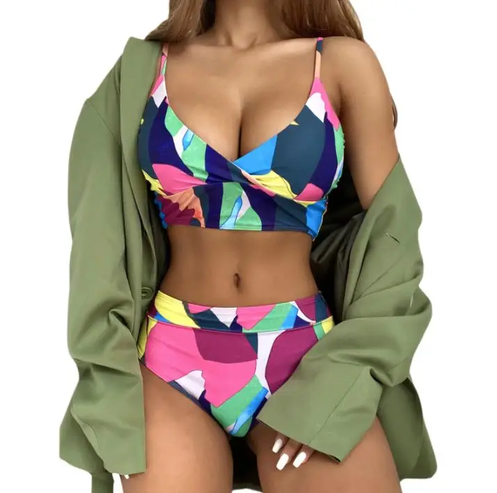 

Women Fashion 2-piece Swimming Suit Sleeveless Geometric Print Tops+Bottoms Set for Ladies