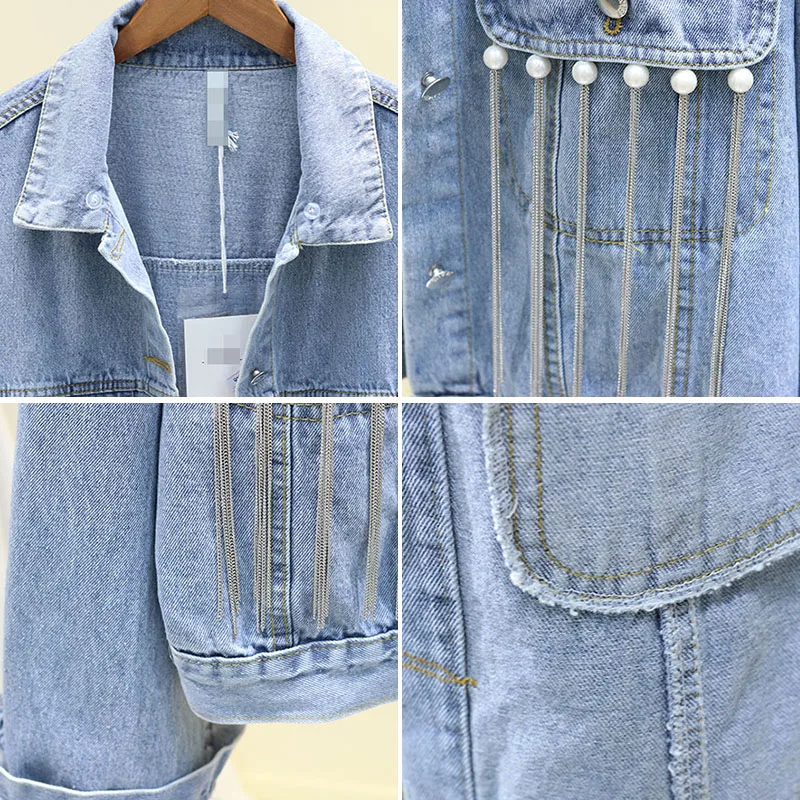 Женское джинсовое пальто свободное короткое в ковбойском стиле с бусинами и