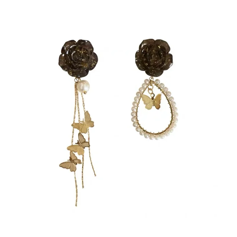 

Version of Women's Luxury Retro Gold Foil Rose Tassel Butterfly Asymmetric Earrings Female Ear Clip