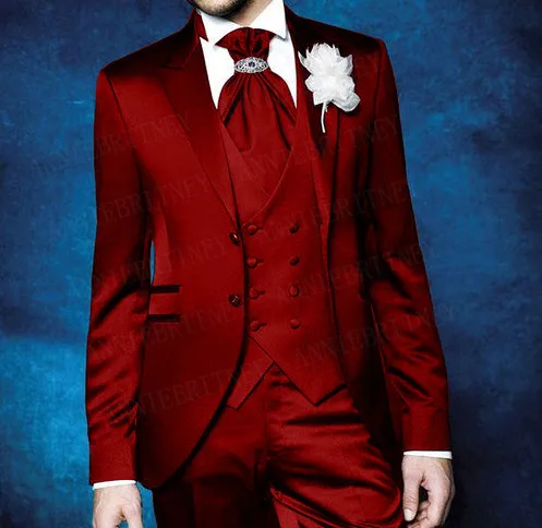 

ANNIEBRITNEY Shiny Mens Suits 3 Piece Wedding Party Prom Dinner Formal Burgundy Groom Tuxedo Custom Slim Fit Blazer Vest Pant