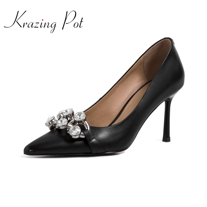 

Krazing pot big size cow leather pointed toe thin high heels European style young lady mature elegant fashion women pumps L81