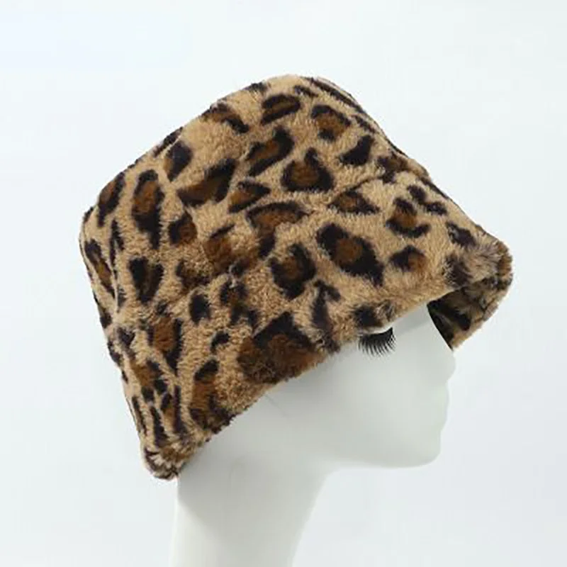

Зимние леопардовые пушистые Панамы из искусственного меха, женская уличная теплая шляпа от солнца, мягкая бархатная рыболовная Кепка, модн...