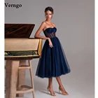 Простое темно-синее Тюлевое ТРАПЕЦИЕВИДНОЕ короткое платье для выпускного вечера Verngo, вечерние платья длиной ниже косточек с сердечком, индивидуальный пошив 2021