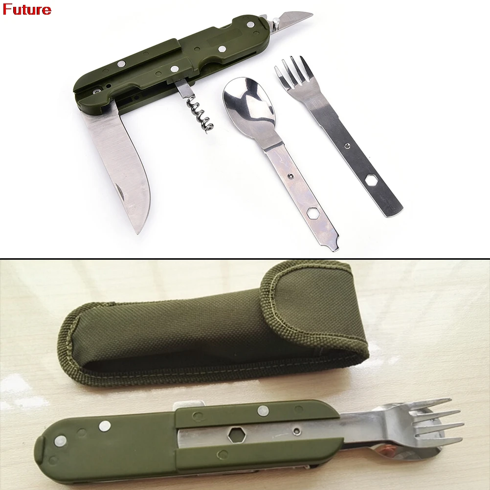 

Hot Sale Portable Foldable Stainless Steel Travel Kit Camping Picnic Tableware Tableware fork, spoon, Corkscrew Tableware