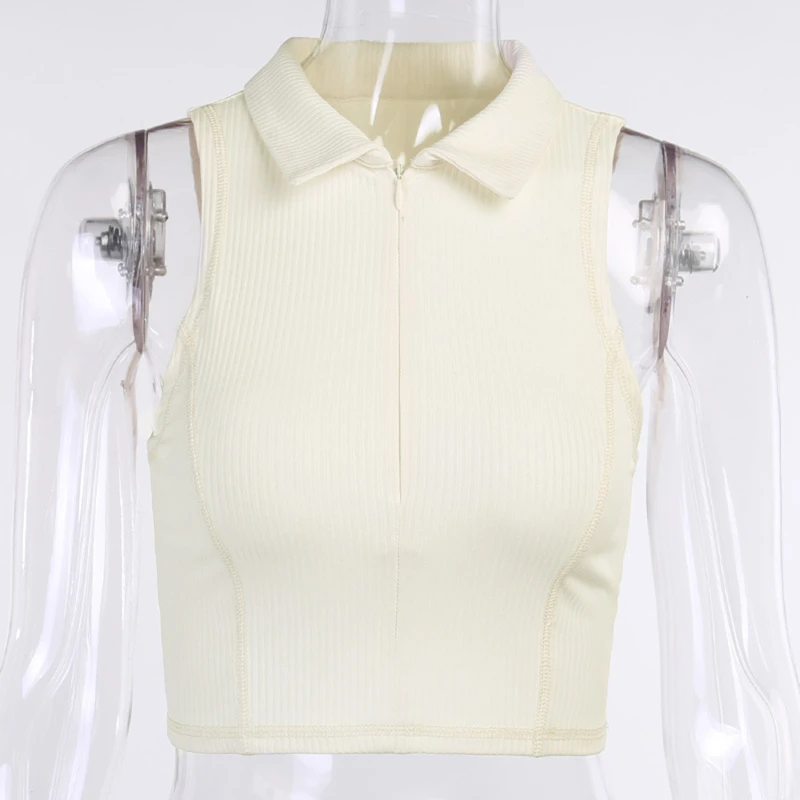 

White Turn-down Collar Front Zipper Tank Tops Women Sleeveless Slim Elastic Crop Tops Knitted Cotton Lady Summer Casual Tops
