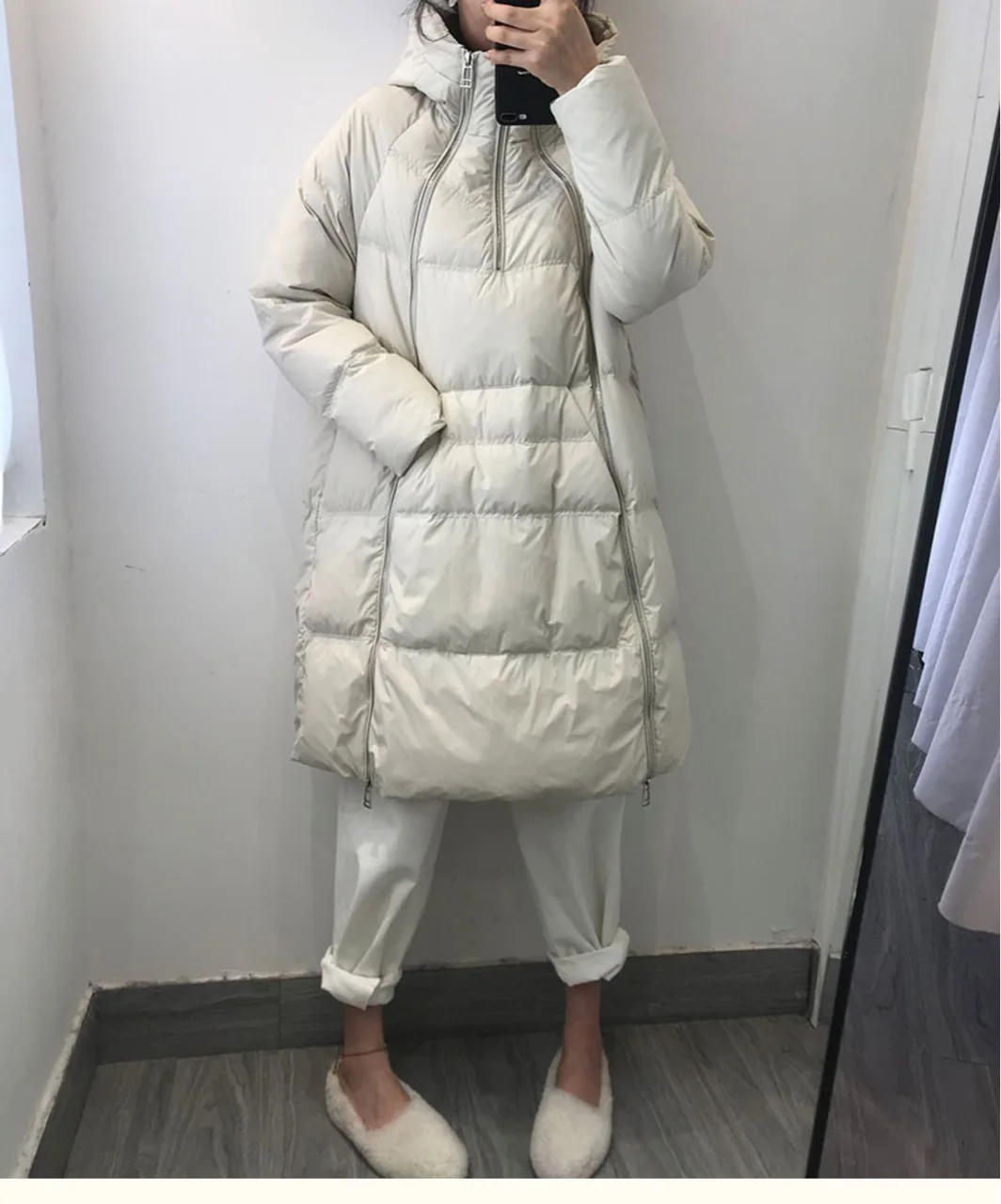 

White duck down down jacket winter 2021 Korean solid color hooded mid-length women's loose large size long sleeves