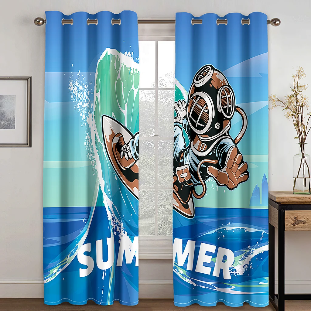 

3D Ocean Surfing Teenager Modern Pattern Hook Curtain, Suitable for Family Curtains In The Living Room and Children's Bedroom