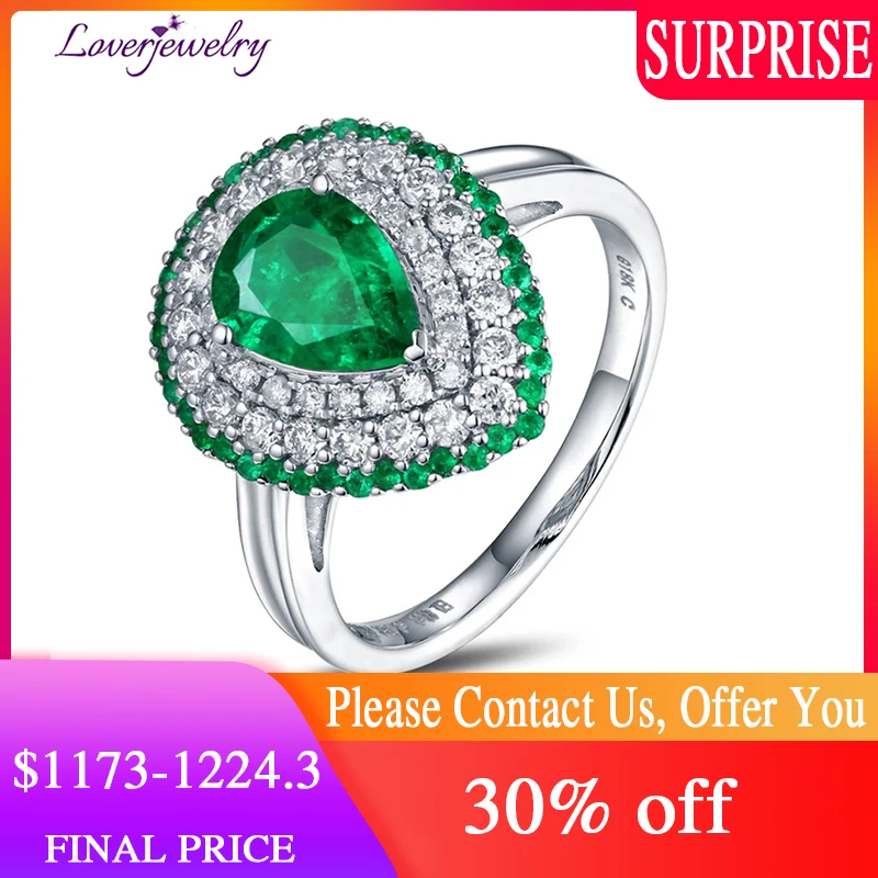 

LOVERJEWELRY Green Emerald Rings Female Real 14Kt/Au585 18kt White Gold Pear Cut Emerald With Diamonds Heart Ring For Engagement