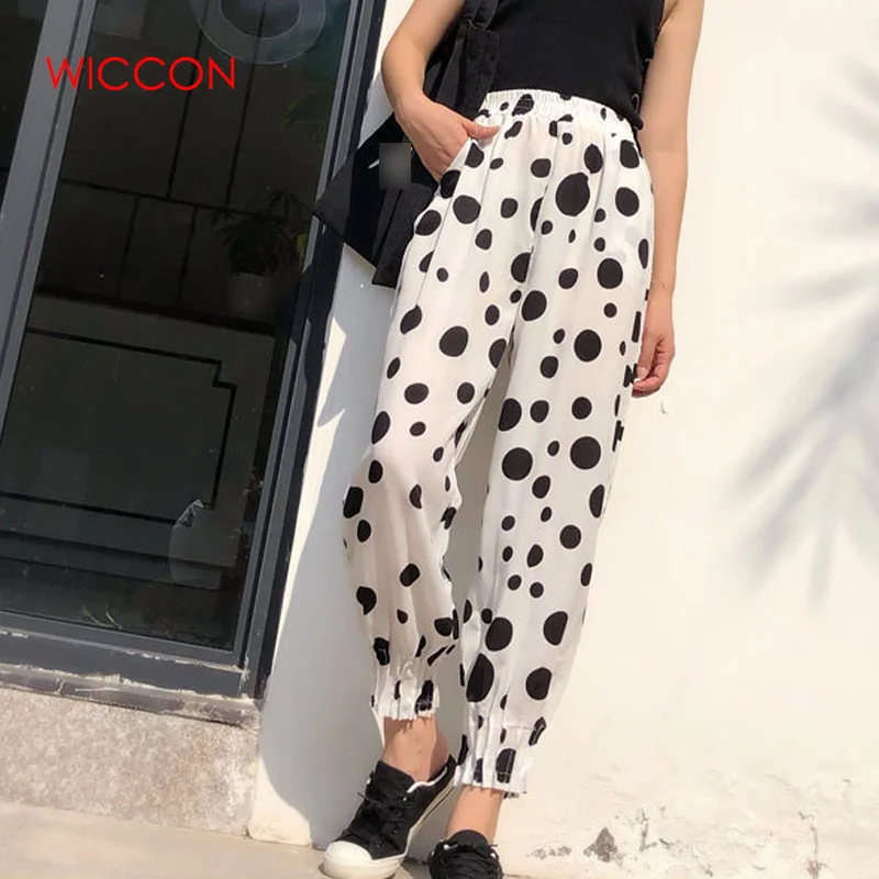 Женские винтажные брюки в горошек повседневные хлопковые и льняные шаровары с