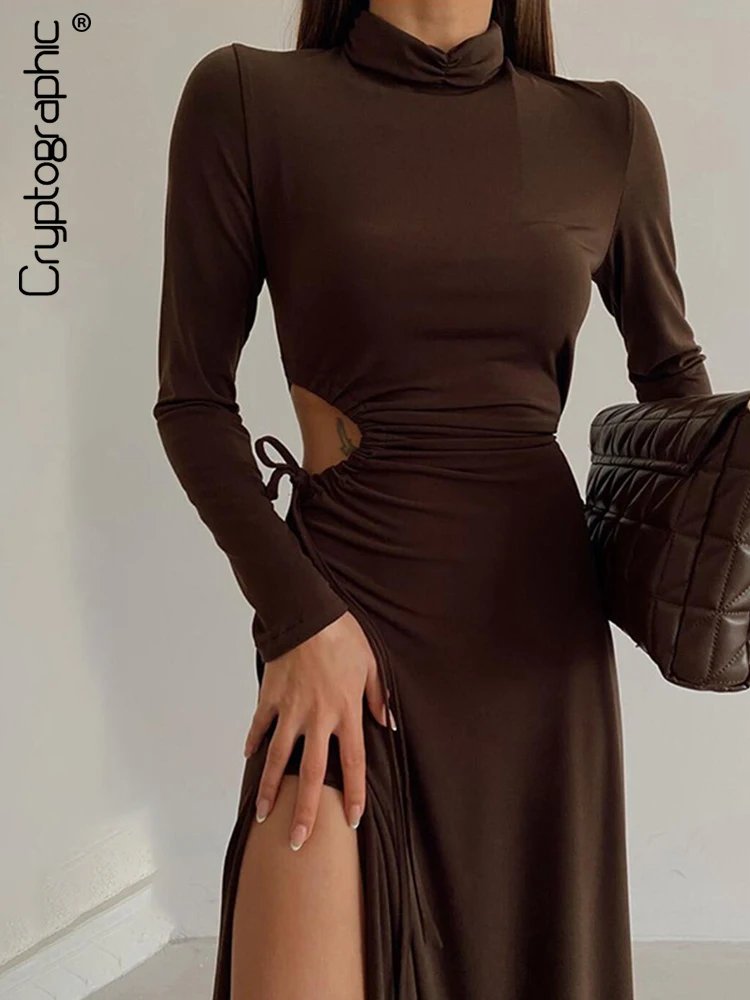 

Cryptographic Long Sleeve Brown Split Midi Dress for Women Elegant Spring Fashion Outfits Club Party Cut Out Dresses Clothes