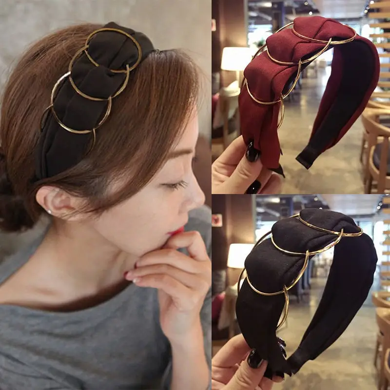 

SHUANGR High-end Boutique Headband Hair Accessories Women's Gold Ring Cross Stitching Fabric Wide-brimmed Hairband Hair Hoop