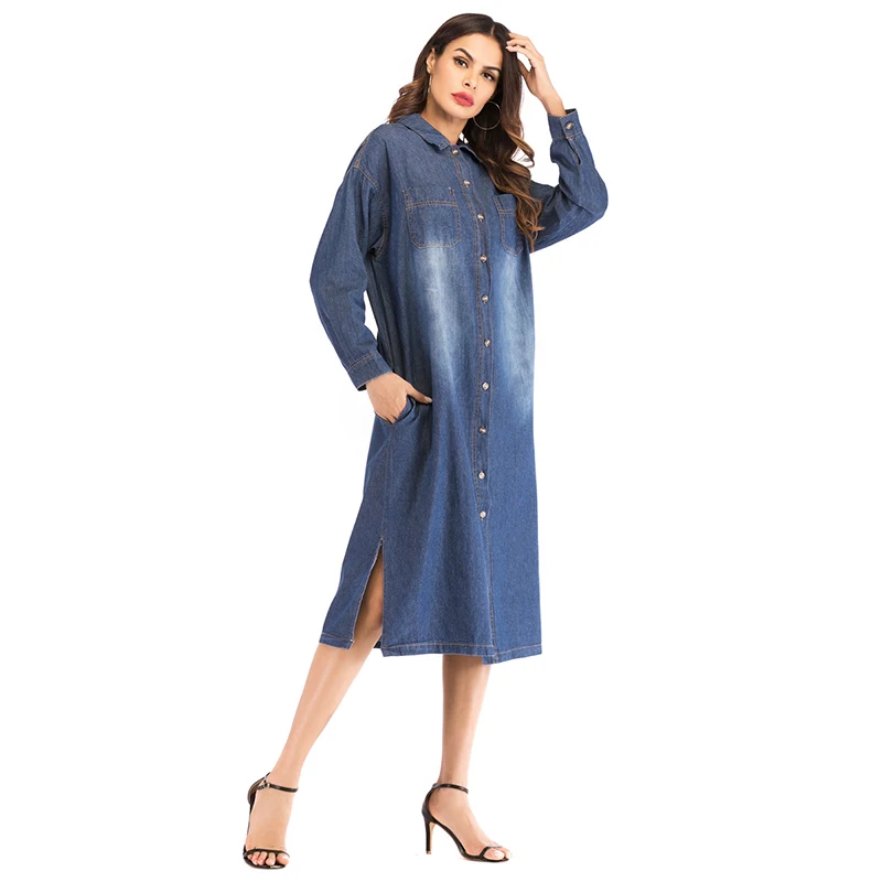 Мусульманская абайя однобортная с отворотом длинная бутик джинсовая рубашка