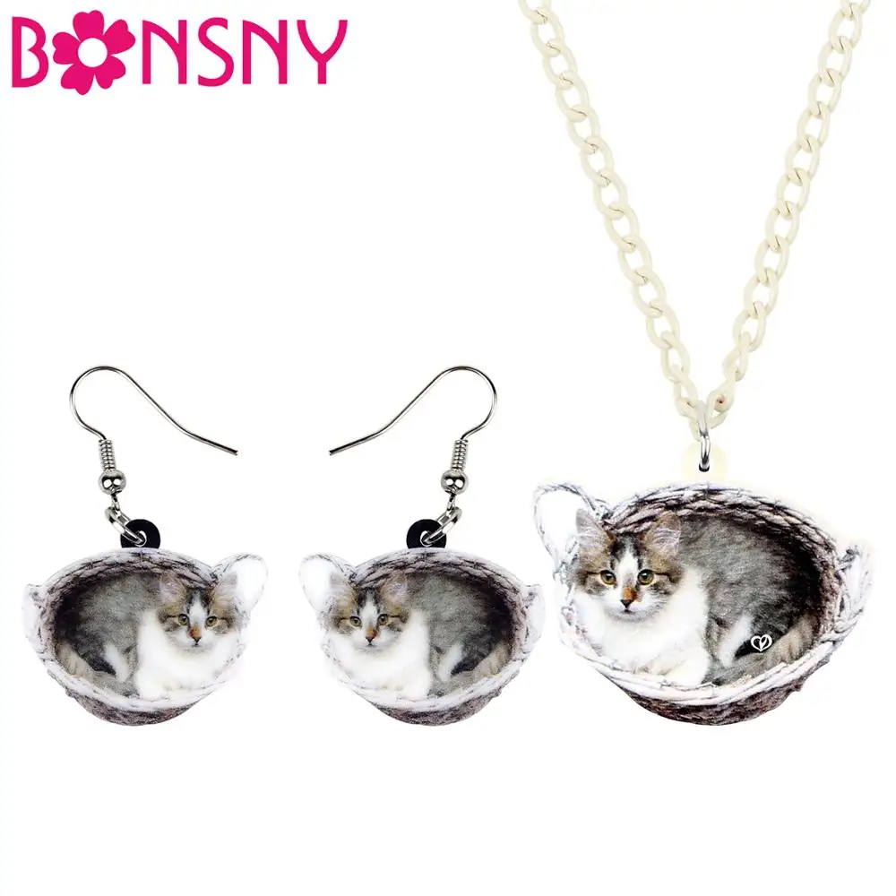 Bonsny акриловые милые корзины кошка украшения с котятами набор ожерелье серьги