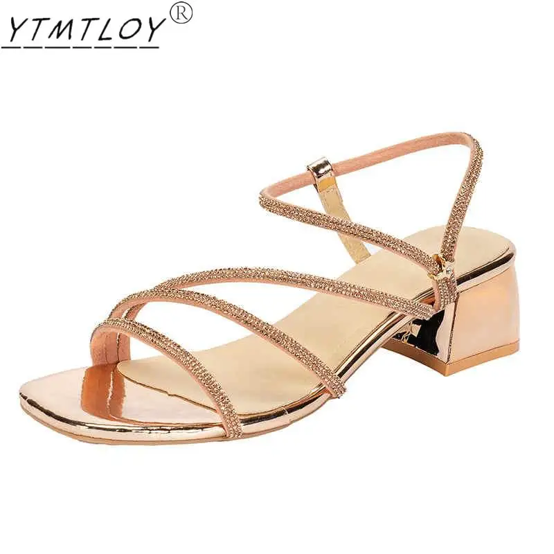 

2021 Summer Women's Mid-heel Sandals Sexy Rhinestone Lace-up Women's Party Wedding Comfortable Ladies Fashion Casual Sandals