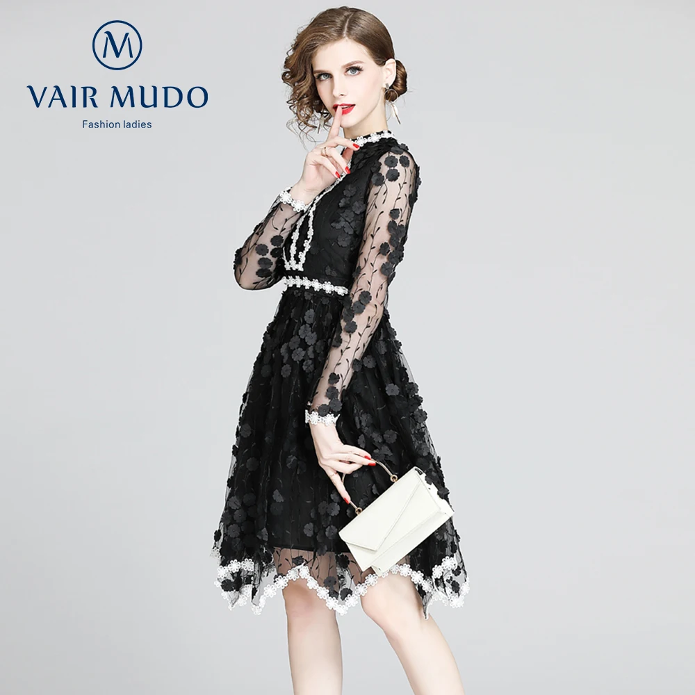 

Women Dress Celebrity Temperament High-End Age-Reducing Heavy Industry Embroidery Handmade Flowers Net Yarn Slim Dress LadyY-155