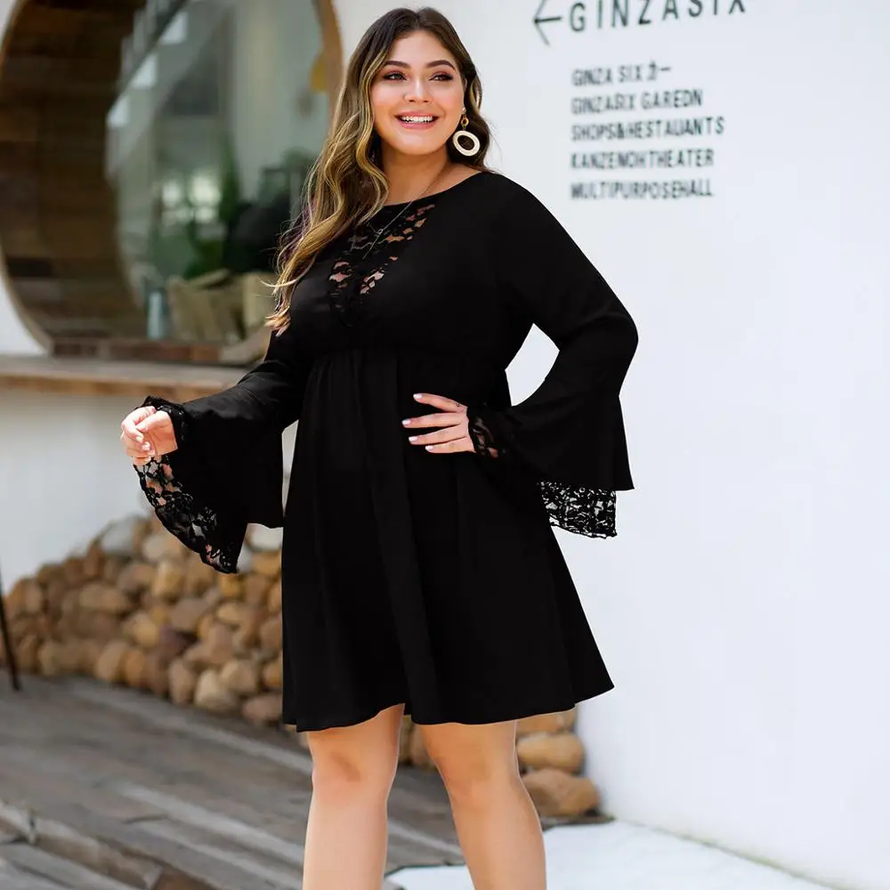 Платье WHZHM Черное вечернее с длинным расширяющимся книзу рукавом кружевное