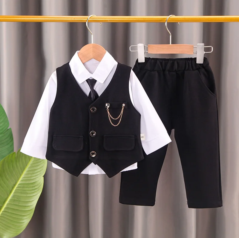 

Новинка 2021, модная детская одежда, жилет с цепочкой для малышей, Костюм Джентльмена, однотонный жилет для мальчиков, галстук, рубашка из трех...