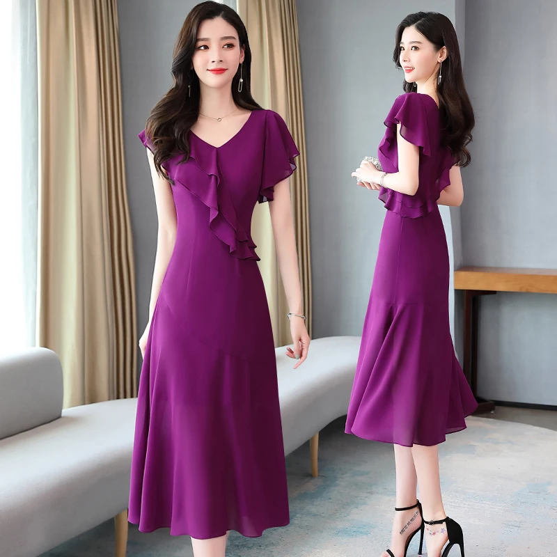 Вечерние женские летние платья с Короткими Кружевными Рукавами шифоновое платье