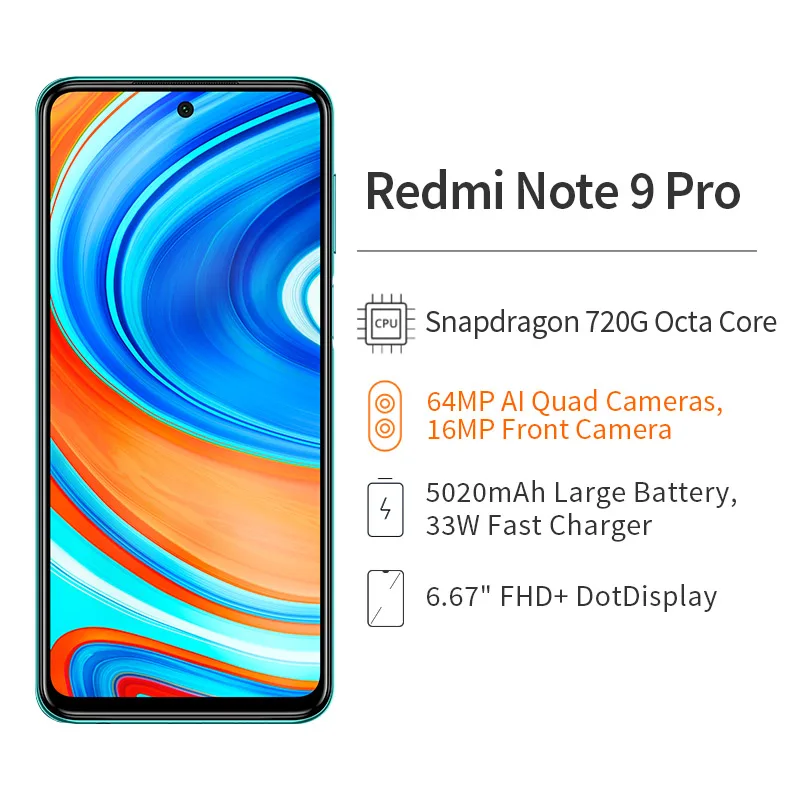 Смартфон Xiaomi Redmi Note 9 Pro 6 ГБ ОЗУ 64 Гб ПЗУ четырехъядерный процессор Snapdragon 720G экран 67