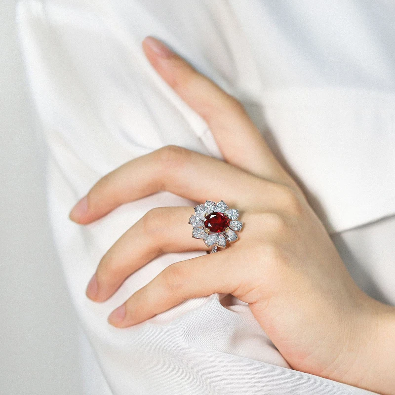 

COSYA Retro Ruby Flower Sparkling High Carbon Diamond Ring For Women 100% 925 Sterling Silver Luxury Cocktail Party Fine Jewelry