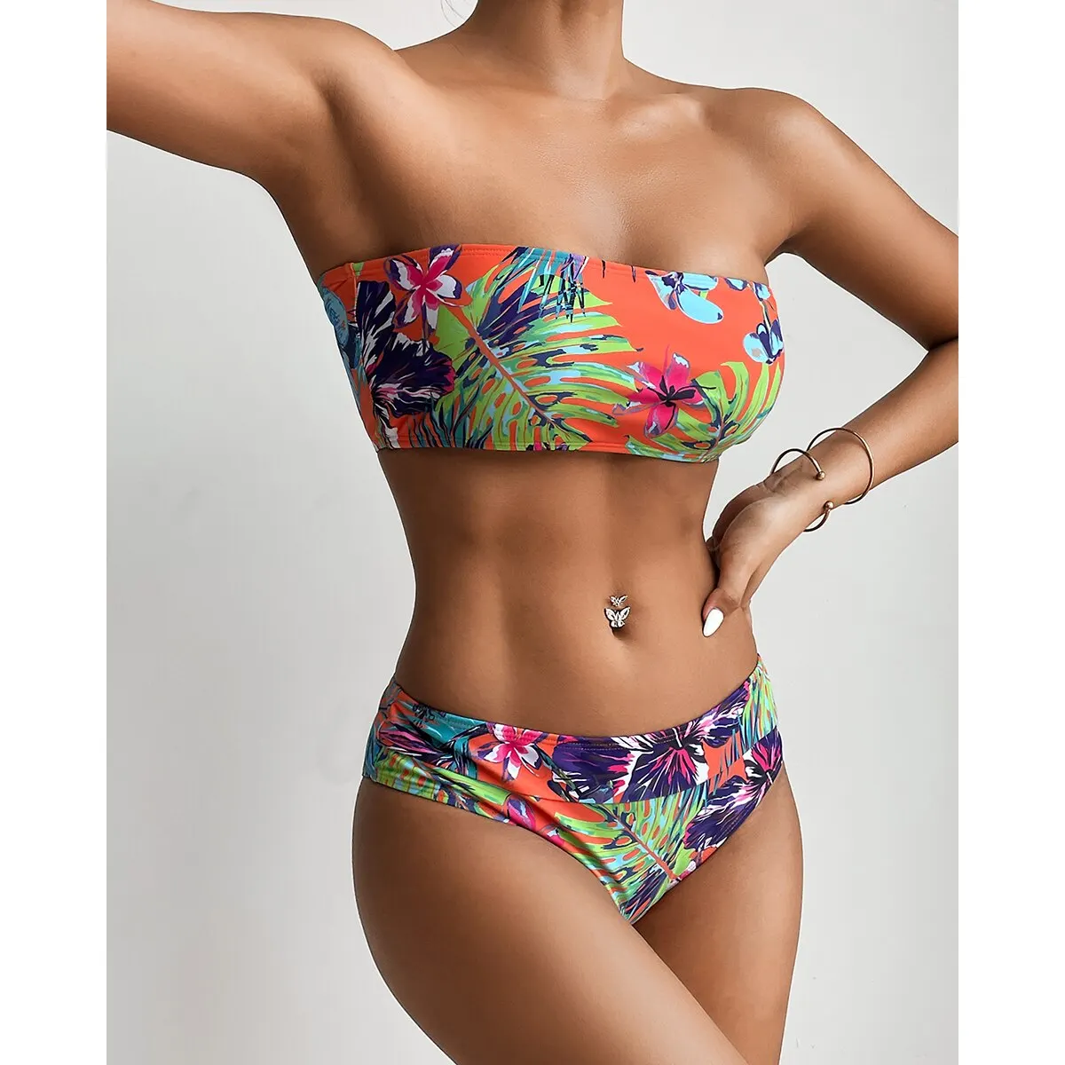 

2021 New FLoral Printed Low Waist Two Pieces Bikini Set Swimsuit Female Women Beachwear Swimwear Bather Bathing Suit