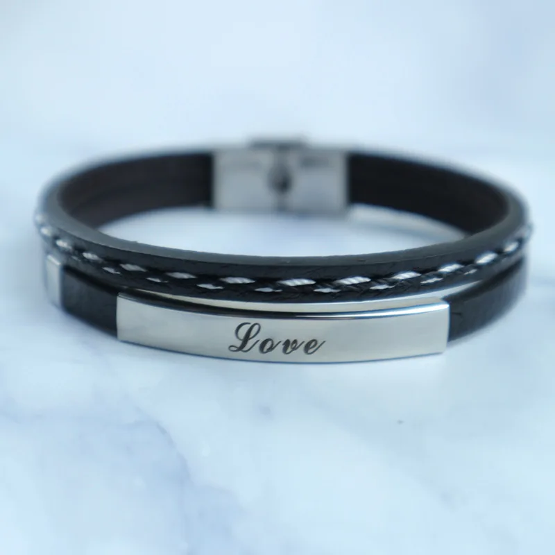 Многослойные кожаные браслеты для мужчин и женщин гравировальные из нержавеющей