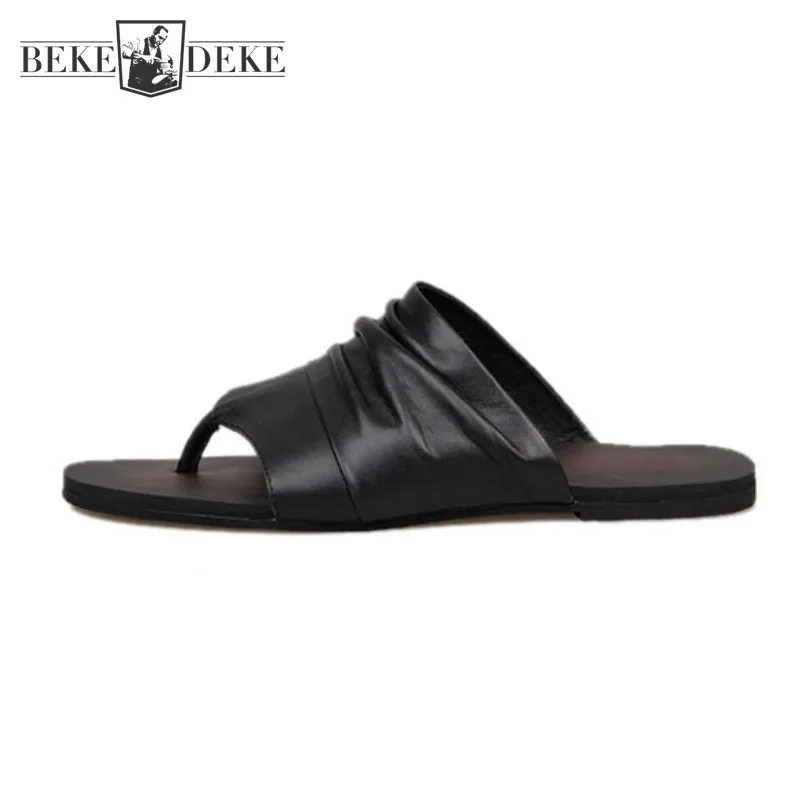 

New Summer Footwear Genuine Leather Sandals Mens Flip Flops Fashion Pleated Beach Slippers Outdoor Casual Men Flat Roman Sandal