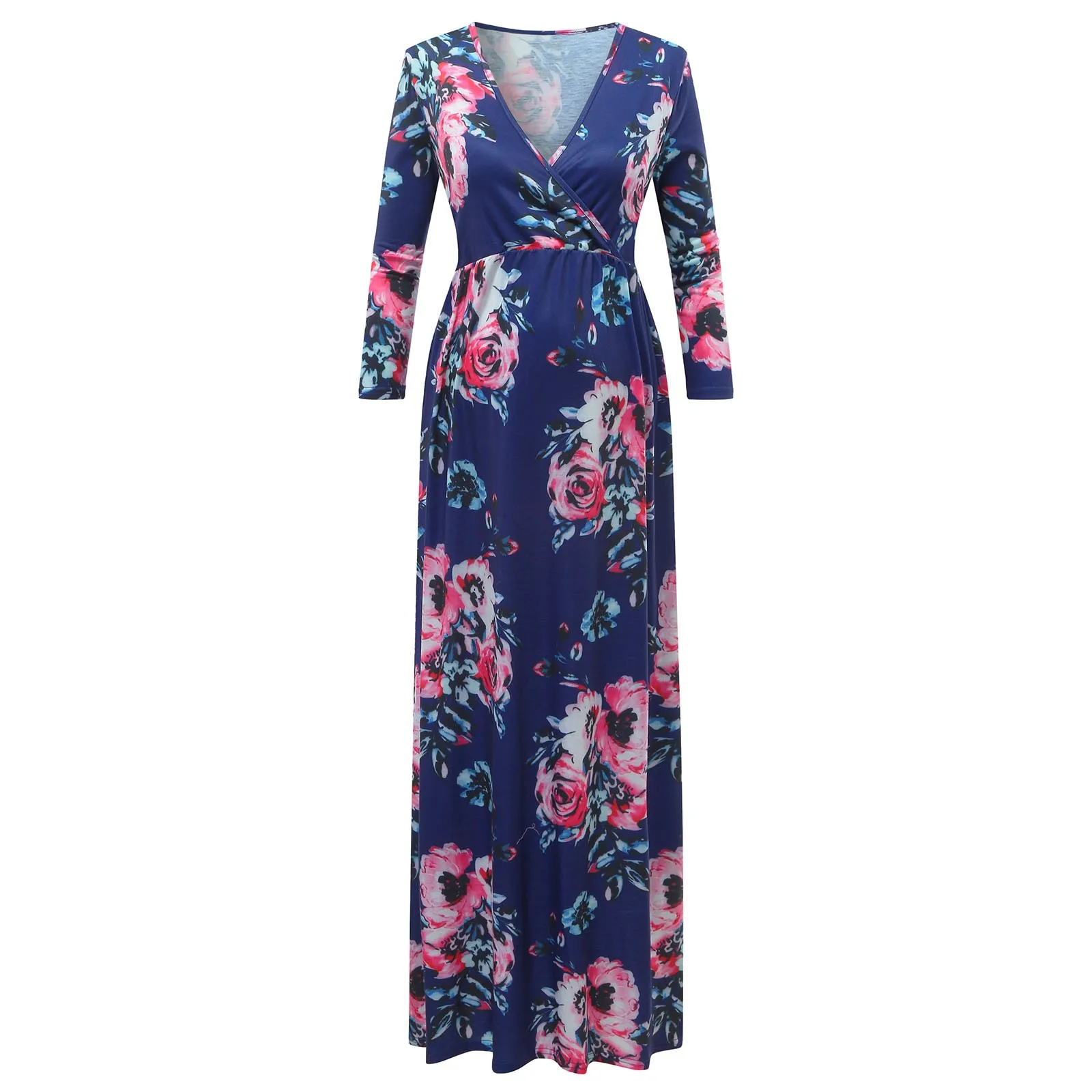 

Women Maternity Dressws Print Pregnancy Casual Clothes Summer Cotton Fashion 3/4 Sleeve V-neck Maxi Wrap Long Loose Dress 527