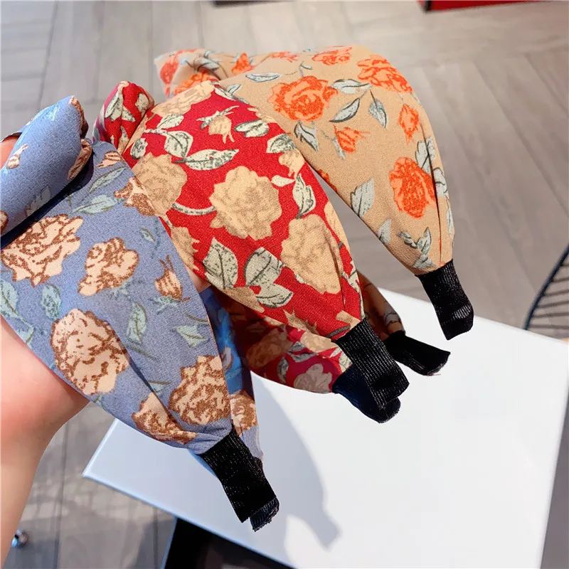

Summer Korea Flower Fabric Hairband Women Bowknot Sweet Vintage Headband Fashion Beach Non-slip Hair Accessories Headwear 2020