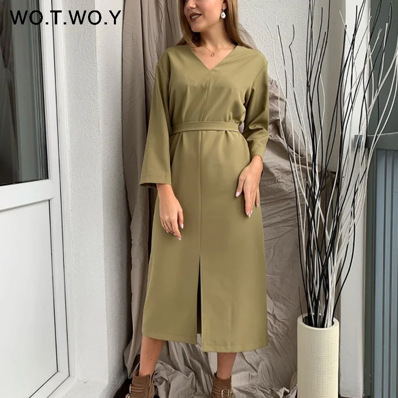 WOTWOY сексуальное женское платье с открытой спиной 2020 длинный рукав пояс длина до